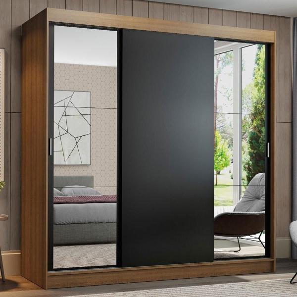 CLÓSET MDP CORREDIZA 205 X 180 X 54 CM NEGRO CON ESPEJO Y 4 CAJÓNES