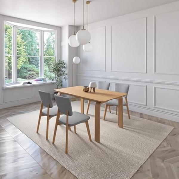JUEGO DE COMEDOR OSLO DE MADERA DE ROBLE CON 4 SILLAS TAPIZADAS GRIS CLARO