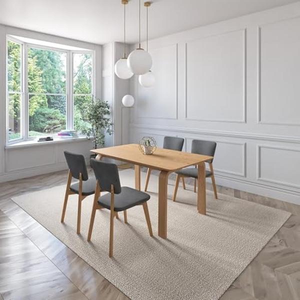 JUEGO DE COMEDOR OSLO DE MADERA DE ROBLE CON 4 SILLAS TAPIZADAS GRIS OSCURO