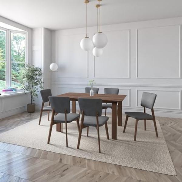 JUEGO DE COMEDOR OSLO DE MADERA DE NOGAL CON 6 SILLAS TAPIZADAS GRIS OSCURO