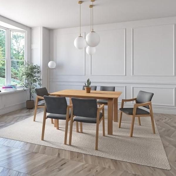 JUEGO DE COMEDOR BAHIA DE MADERA DE ROBLE CON 6 SILLAS TAPIZADAS GRIS OSCURO