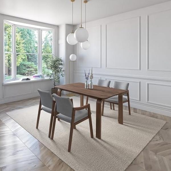 JUEGO DE COMEDOR BAHIA DE MADERA DE NOGAL CON 4 SILLAS TAPIZADAS GRIS CLARO