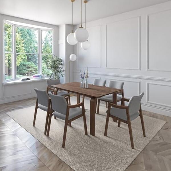 JUEGO DE COMEDOR BAHIA DE MADERA DE NOGAL CON 6 SILLAS TAPIZADAS GRIS CLARO