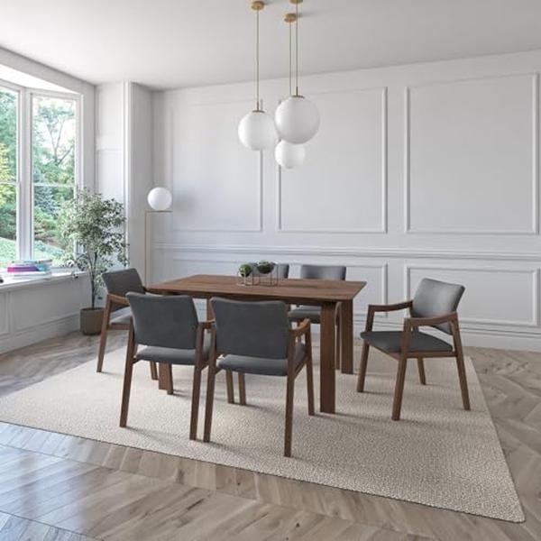 JUEGO DE COMEDOR BAHIA DE MADERA DE NOGAL CON 6 SILLAS TAPIZADAS GRIS OSCURO