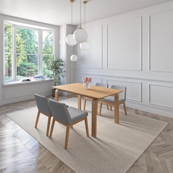 JUEGO DE COMEDOR AMALFI DE MADERA DE ROBLE CON 4 SILLAS TAPIZADAS GRIS CLARO