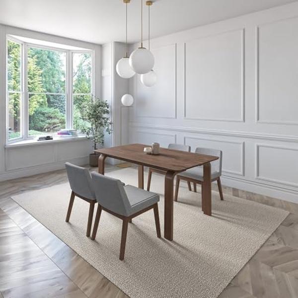 JUEGO DE COMEDOR AMALFI DE MADERA DE NOGAL CON 4 SILLAS TAPIZADAS GRIS CLARO