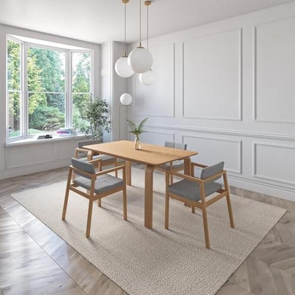 JUEGO DE COMEDOR VIENA DE MADERA DE ROBLE CON 4 SILLAS TAPIZADAS GRIS CLARO