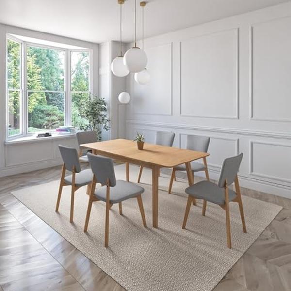 JUEGO DE COMEDOR EXTENSIBLE LIMA DE MADERA DE ROBLE CON 6 SILLAS TAPIZADAS GRIS CLARO