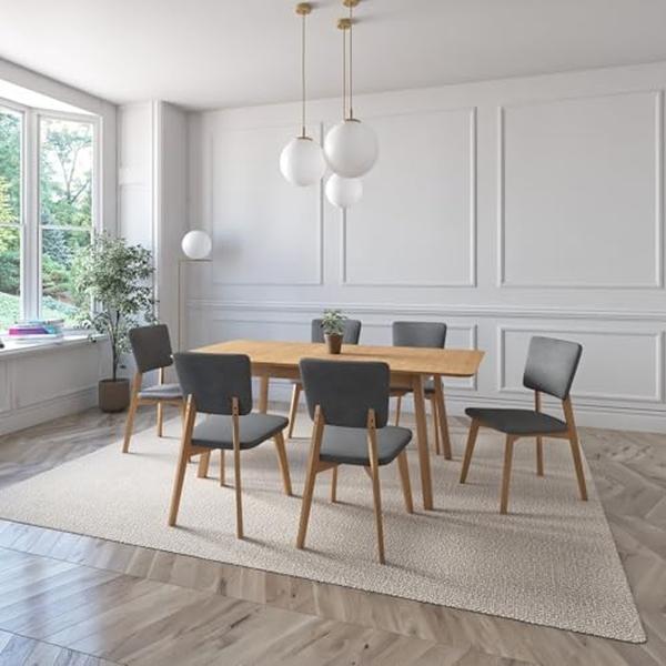JUEGO DE COMEDOR EXTENSIBLE LIMA DE MADERA DE ROBLE CON 6 SILLAS TAPIZADAS GRIS OSCURO