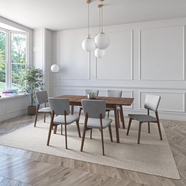 JUEGO DE COMEDOR EXTENSIBLE LIMA DE MADERA DE NOGAL CON 6 SILLAS TAPIZADAS GRIS CLARO