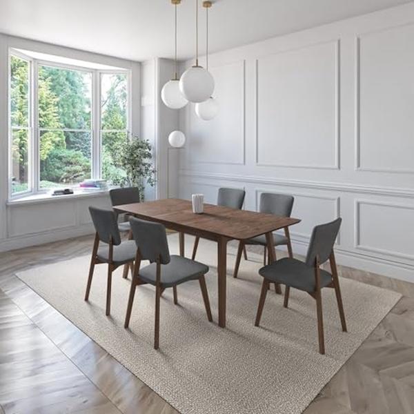 JUEGO DE COMEDOR EXTENSIBLE LIMA DE MADERA DE NOGAL CON 6 SILLAS TAPIZADAS GRIS OSCURO