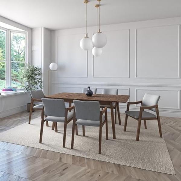 JUEGO DE COMEDOR EXTENSIBLE MAUI DE MADERA DE NOGAL CON 6 SILLAS TAPIZADAS GRIS CLARO