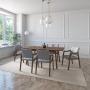 JUEGO DE COMEDOR EXTENSIBLE MAUI DE MADERA DE NOGAL CON 6 SILLAS TAPIZADAS GRIS CLARO