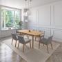 JUEGO DE COMEDOR EXTENSIBLE MILAN DE MADERA DE ROBLE CON 6 SILLAS TAPIZADAS GRIS CLARO