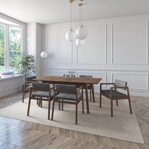 JUEGO DE COMEDOR EXTENSIBLE VERONA DE MADERA DE NOGAL CON 6 SILLAS TAPIZADAS GRIS OSCURO