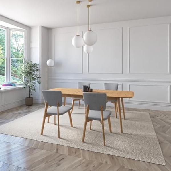 JUEGO DE COMEDOR EXTENSIBLE RIO DE MADERA DE ROBLE CON 4 SILLAS TAPIZADAS GRIS CLARO