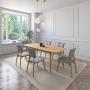 JUEGO DE COMEDOR EXTENSIBLE RIO DE MADERA DE ROBLE CON 6 SILLAS TAPIZADAS GRIS CLARO