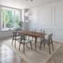 JUEGO DE COMEDOR EXTENSIBLE RIO DE MADERA DE NOGAL CON 6 SILLAS TAPIZADAS GRIS CLARO