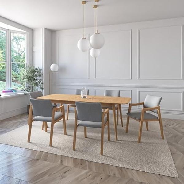 JUEGO DE COMEDOR EXTENSIBLE SEUL DE MADERA DE ROBLE CON 6 SILLAS TAPIZADAS GRIS CLARO