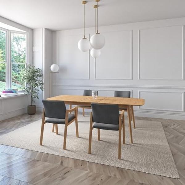 JUEGO DE COMEDOR EXTENSIBLE SEUL DE MADERA DE ROBLE CON 4 SILLAS TAPIZADAS GRIS OSCURO