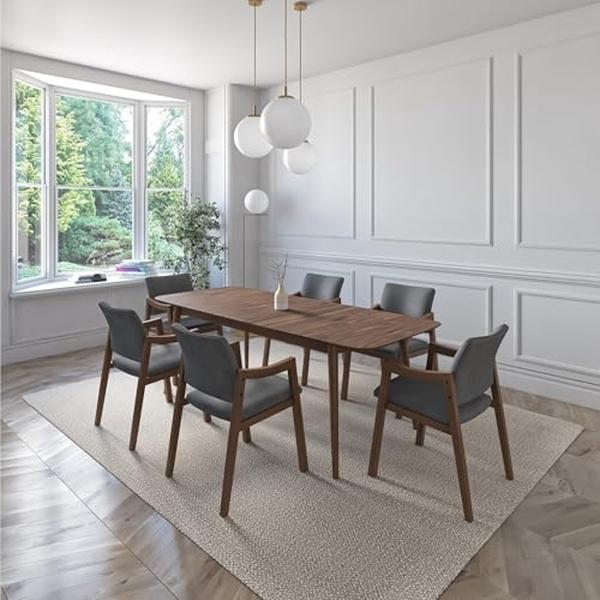 JUEGO DE COMEDOR EXTENSIBLE SEUL DE MADERA DE NOGAL CON 6 SILLAS TAPIZADAS GRIS OSCURO