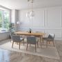 JUEGO DE COMEDOR EXTENSIBLE CALI DE MADERA DE ROBLE CON 6 SILLAS TAPIZADAS GRIS CLARO