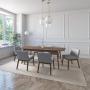 JUEGO DE COMEDOR EXTENSIBLE CALI DE MADERA DE NOGAL CON 6 SILLAS TAPIZADAS GRIS CLARO