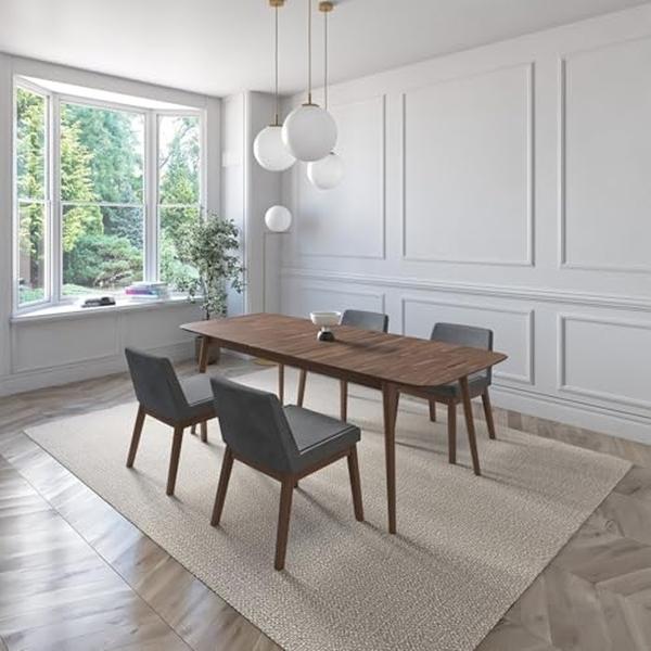 JUEGO DE COMEDOR EXTENSIBLE CALI DE MADERA DE NOGAL CON 4 SILLAS TAPIZADAS GRIS OSCURO
