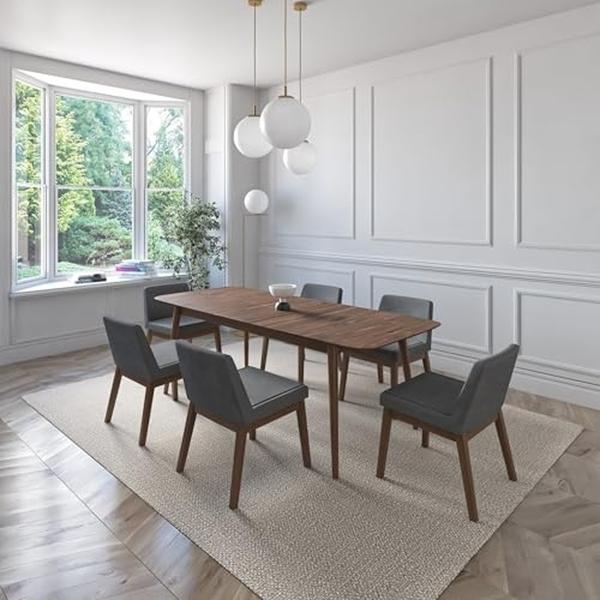 JUEGO DE COMEDOR EXTENSIBLE CALI DE MADERA DE NOGAL CON 6 SILLAS TAPIZADAS GRIS OSCURO