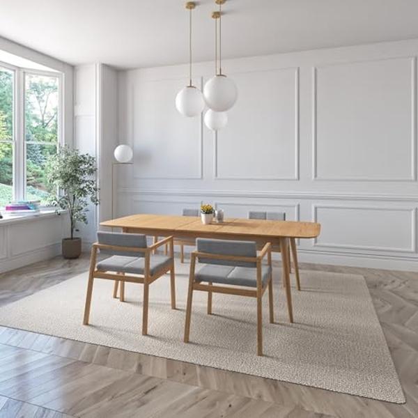 JUEGO DE COMEDOR EXTENSIBLE PRAGA DE MADERA DE ROBLE CON 4 SILLAS TAPIZADAS GRIS CLARO