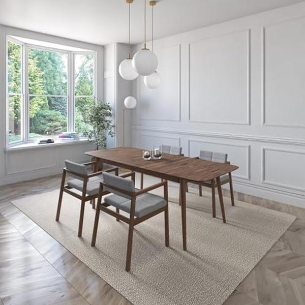 JUEGO DE COMEDOR EXTENSIBLE PRAGA DE MADERA DE NOGAL CON 4 SILLAS TAPIZADAS GRIS CLARO