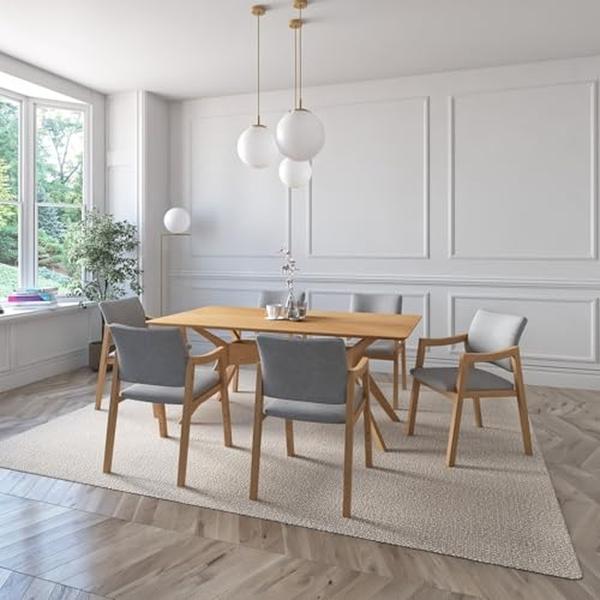 JUEGO DE COMEDOR IBIZA DE MADERA DE ROBLE CON 6 SILLAS TAPIZADAS GRIS CLARO