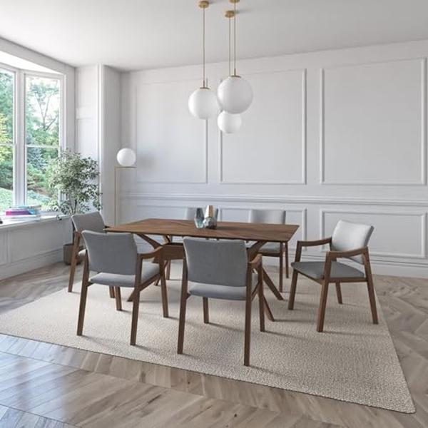 JUEGO DE COMEDOR IBIZA DE MADERA DE NOGAL CON 6 SILLAS TAPIZADAS GRIS CLARO