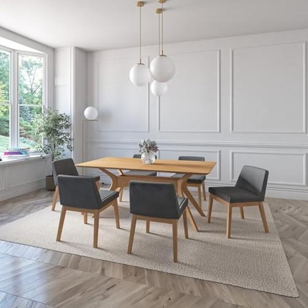 JUEGO DE COMEDOR LISBOA DE MADERA DE ROBLE CON 6 SILLAS TAPIZADAS GRIS OSCURO