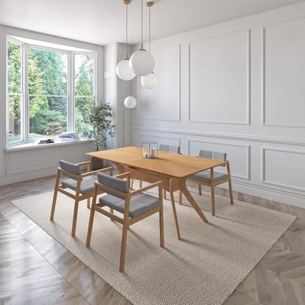 JUEGO DE COMEDOR CAPRI DE MADERA DE ROBLE CON 4 SILLAS TAPIZADAS GRIS CLARO