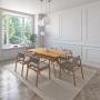 JUEGO DE COMEDOR CAPRI DE MADERA DE ROBLE CON 6 SILLAS TAPIZADAS GRIS CLARO