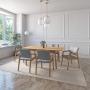 JUEGO DE COMEDOR EXTENSIBLE MAUI DE MADERA DE ROBLE CON 6 SILLAS TAPIZADAS GRIS CLARO
