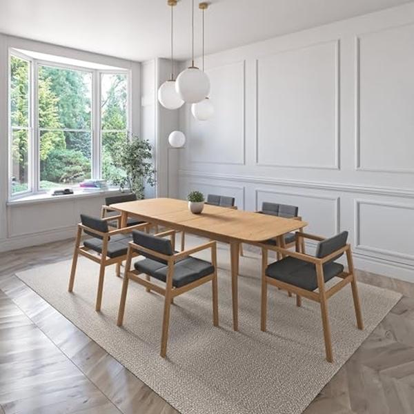 JUEGO DE COMEDOR EXTENSIBLE PRAGA DE MADERA DE ROBLE CON 6 SILLAS TAPIZADAS GRIS OSCURO