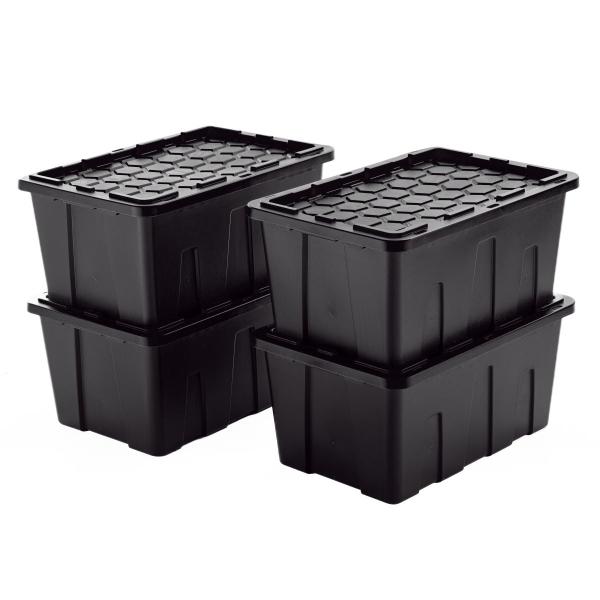 SET 4 CAJAS ORGANIZADORAS USO RUDO 114 L PLÁSTICO TAPA NEGRA CON CIERRE A PRESION