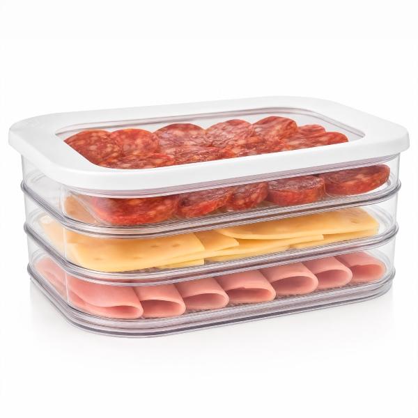 SET 3 CONTENEDORES APILABLES DE PLÁSTICO Y SILICÓN TRANSPARENTE PARA CARNES FRÍAS