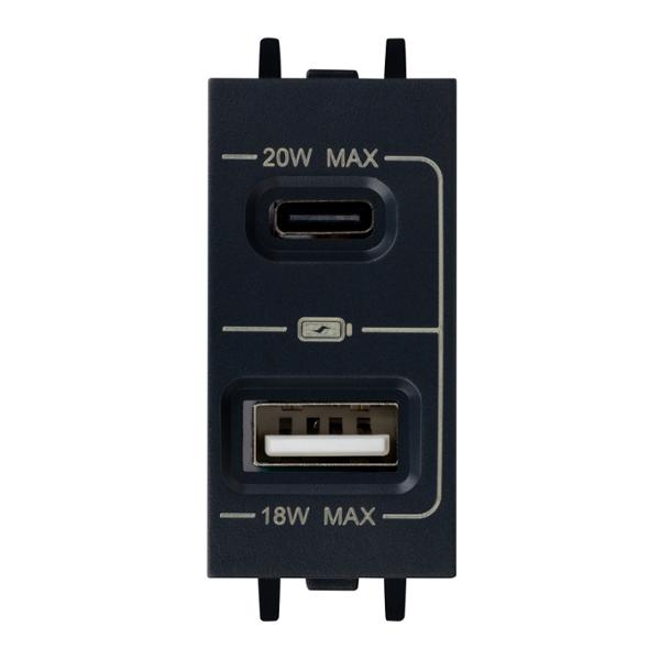 TOMA DE CARGA USB TIPO A Y TIPO C DE 1 MÓDULO NEGRO CARBONCILLO