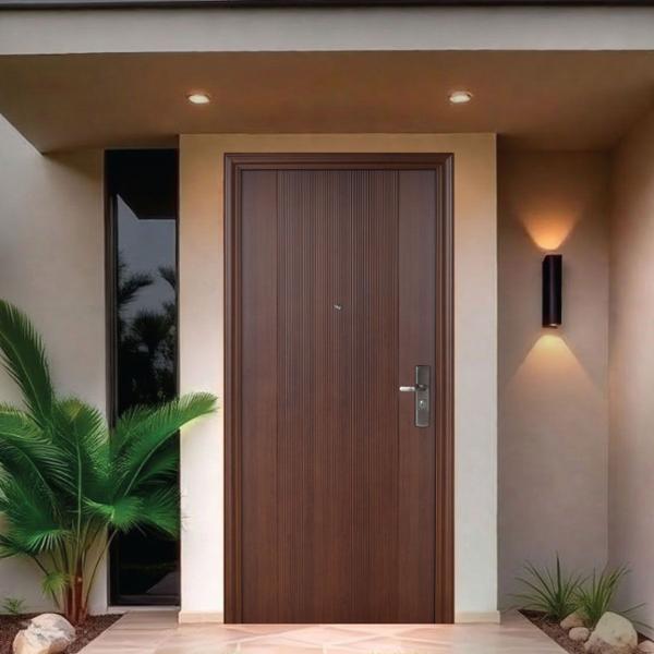 PUERTA EXTERIOR DE SEGURIDAD 11 PASADORES CERRADURA DIGITAL COMPATIBLE 95 X 205 CM IZQUIERDA NOGAL