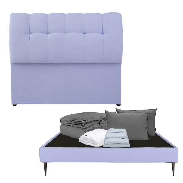 CABECERA QUEEN SIZE DICASA NUBE COLOR LILA + BASE SLIM + ROPA DE CAMA