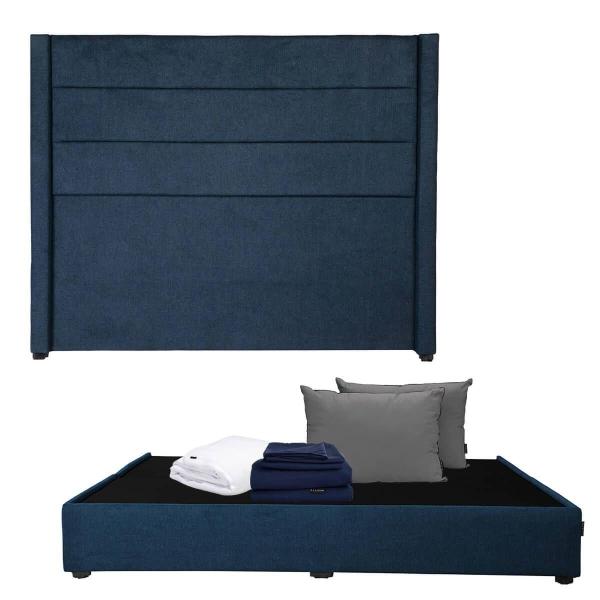 CABECERA KING SIZE DICASA LUGO COLOR AZUL + BASE CAMA + 2 ALMOHADAS + PROTECTOR + SÁBANAS