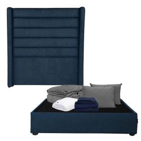 CABECERA MATRIMONIAL DICASA POLAR COLOR AZUL + BASE CAMA + ROPA DE CAMA