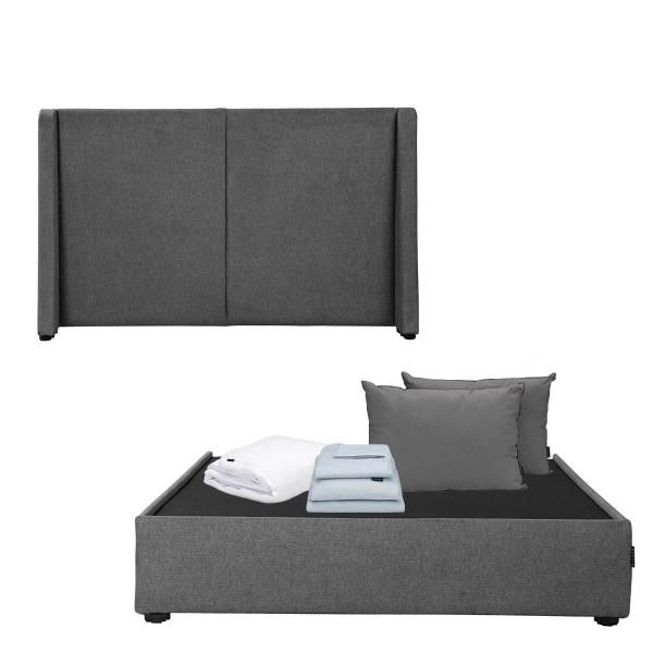 CABECERA MATRIMONIAL DICASA MILAN COLOR GRIS + BASE CAMA + 2 ALMOHADAS + PROTECTOR + SÁBANAS