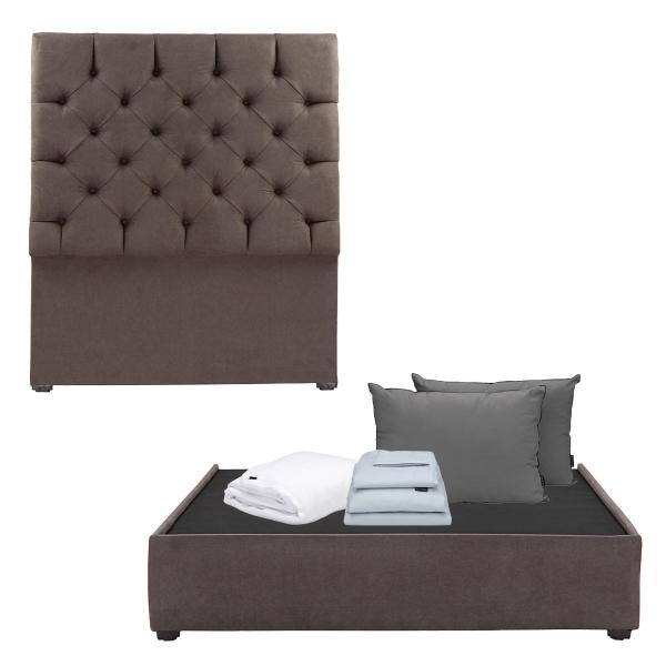 CABECERA MATRIMONIAL DICASA CAPRI CAFÉ + BASE CAMA + 2 ALMOHADAS + PROTECTOR + SÁBANAS