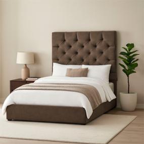 CABECERA QUEEN SIZE DICASA CAPRI COLOR CAFÉ + BASE CAMA + 2 ALMOHADAS + PROTECTOR + SÁBANAS