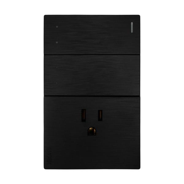 PLACA PLANA CON 2 INTERRUPTORES DE ESCALERA Y 1 CONTACTO DE 1 MÓDULO FLAT NEGRA