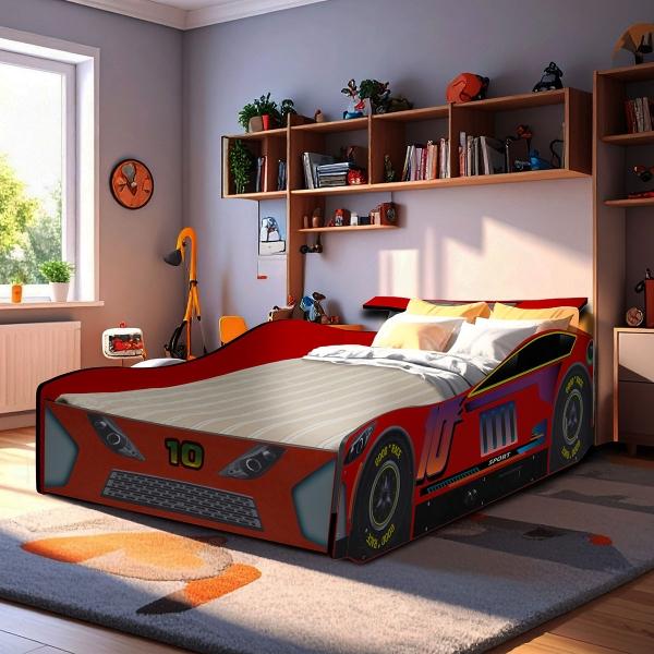 CAMA INFANTIL INDIVIDUAL DE MDF ROJA DISEÑO COCHE ESTILO INFANTIL 150 KG